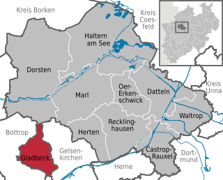 Läget för staden Gladbeck i Kreis Recklinghausen