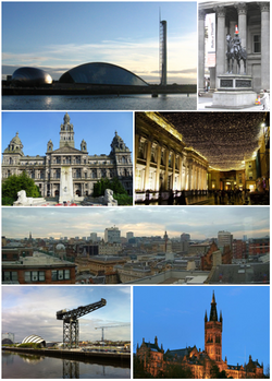 時計回りに上から、Glasgow Science Centre, Gallery of Modern Art屋外のDuke of Wellington像、Royal Exchange Square, The Lighthouseから臨む都市景観、グラスゴー大学、Finnieston Crane及びGlasgow City Chambers.