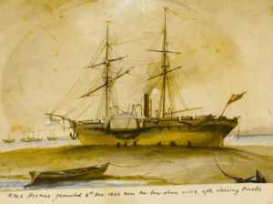 H.M.S. Hermes grounded 5th Dec 1853 near Hu-tan-shan river, after chasing Pirates 1853 (cropped).png