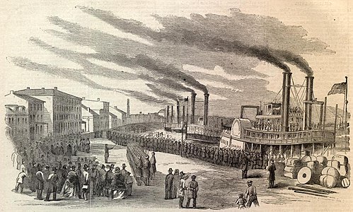 Harper's Weekly image of troop arrival in Louisville label QS:Len,"Harper's Weekly image of troop arrival in Louisville" 1862