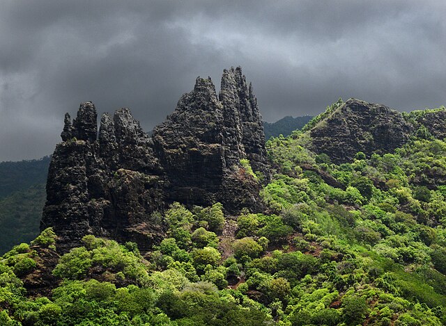 Basaltic rock formation in Hatiheu, Nuku Hiva island.