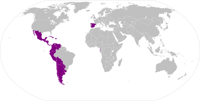 Mapa-múndi com destaque para os países e subdivisões cuja língua oficial é o espanhol.