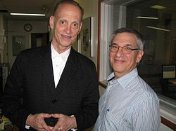 Waters with historian Jon Wiener in 2010 Historian Jon Wiener (right) with film director and comedian John Waters after the political podcast Start Making Sense.jpg