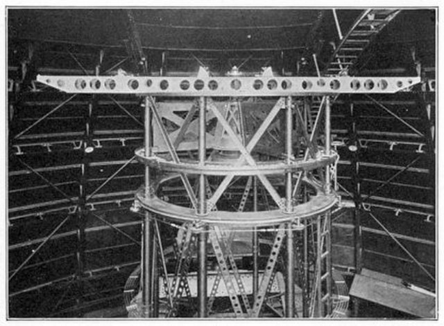 A 20-foot Michelson interferometer mounted on the frame of the 100-inch Hooker Telescope, 1920.