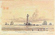 Horsburgh Lighthouse, a painting by John Turnbull Thomson (1821–1884) showing the island of Pedra Branca just after the completion of the lighthouse in 1851, which he designed.