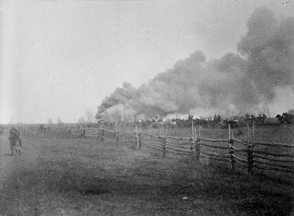 A house in Batoche in flames during the opening stages of the battle