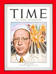 TIME magazine cover depicting Stravinsky's head in front of the keys of a piano, with famous characters from his ballets next to him