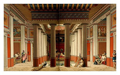 Illustration of a peristyle with Doric columns the home of a rich Athenian woman, showing the polychromy Doric columns had in antiquity, from Wonders - Images of the Ancient World, 1907