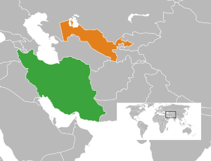 Mapa indicando localização do Irã e do Uzbequistão.