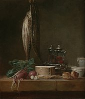 Jean-Siméon Chardin (French - Still Life with Fish, Vegetables, Gougères, Pots, and Cruets on a Table - Google Art Project.jpg