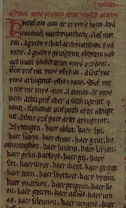 The opening few lines of the Middle Welsh manuscript Enwau ac Anryfeddodau Ynys Prydain from the Red Book of Hergest, which continued the wonders tradition of geographical descriptions of the Island of Britain after the Historia[44]