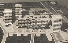 Zdjęcie makiety osiedla Kępa Potocka opublikowane na łamach miesięcznika „Architektura” w 1965 roku, widok od strony ul. Koźmiana
