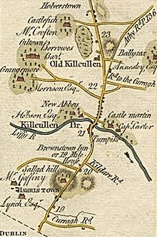 (Old) Kilcullen and Kilcullen Bridge on one of Ireland's first road maps, with Castlemartin and other local features, 1777-1783 Kilcullen and K-Bridge, Taylor and Skinner, 18C roadmap.jpg