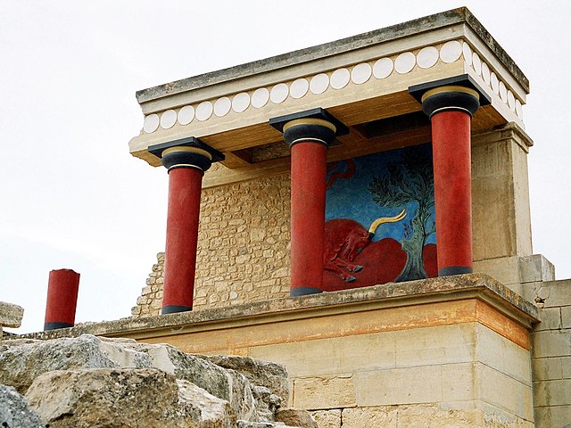 Minoan columns at the West Bastion of the Palace of Knossos