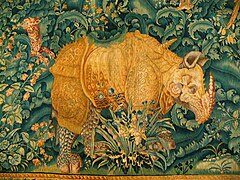 Tapisserie des Gobelins représentant un rhinocéros inspiré de Dürer