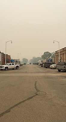 Main Avenue in Lake Norden appears hazy from the July 2021 Lake Winnipeg forest fires LakeNorden.JPG