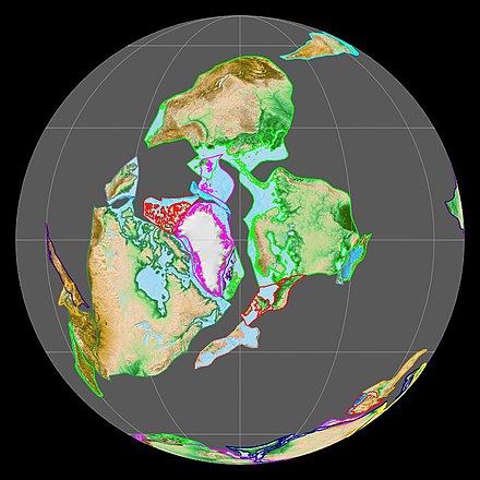 Laurussia (left) during the closure of the Iapetus Ocean 430 Mya (middle Silurian) (view centred on 0°,-60°).