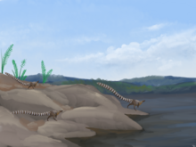 Restoration of three Leaellynasaura with hypothetical protofeathers Leaellynasaura reconstruction.png