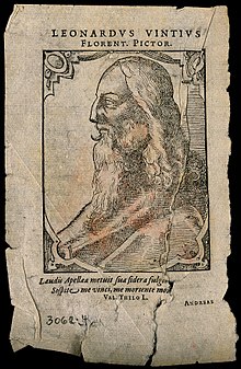 Print shows discoloration, tearing, creasing, and water damage. Leonardo da Vinci, woodcut portrait by T. Stimmer, 1589. Leonardo da Vinci. Woodcut by T. Stimmer, 1589, after the si Wellcome V0006060.jpg