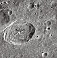 English: Lindenau lunar crater as seen from Earth with satellite craters labeled