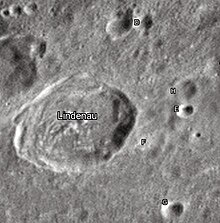 Lindenau crater and its satellite craters taken from Earth in 2012 at the University of Hertfordshire's Bayfordbury Observatory with the telescopes Meade LX200 14" and Lumenera Skynyx 2-1 Lindenau lunar crater map.jpg