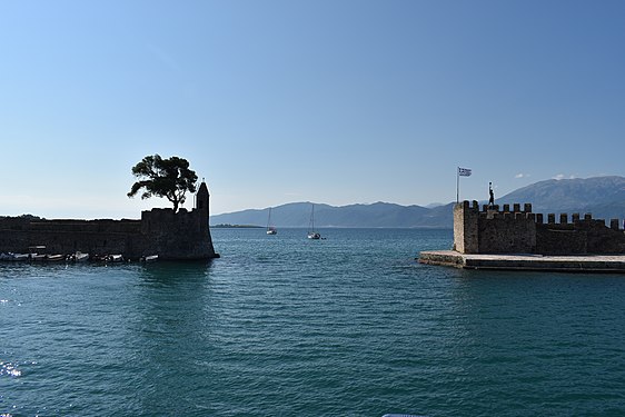 Lone tree at the entrance of the harbour of Nafpaktos, opposite a castle.