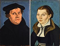 老卢卡斯·克拉纳赫或其工作室的《马丁·路德和卡塔琳娜·冯·博拉肖像画》（Ritratto di Martin Lutero e Katharina von Bora），38 × 24cm，约作于1529年，朱塞佩·贝尔蒂尼购于1894年[25]