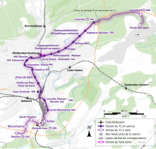 Karte mit der geplanten Route der neuen Straßenbahnlinie vom Flughafen Luxemburg nach Cloche d'Or