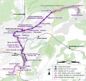 Carte de la ligne T1 et de ses extensions planifiées.