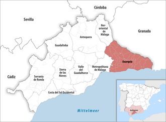 Die Lage der Comarca Axarquía in der Provinz Málaga