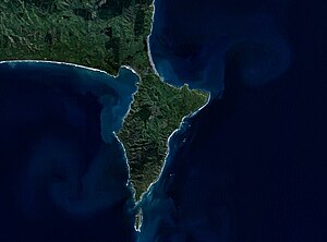 NASA satellite image of the Māhia Peninsula, showing Portland Island close to the peninsula's southern tip