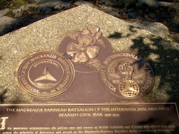 Detail of plaque of Mackenzie–Papineau Battalion monument