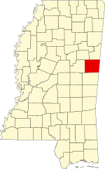 Karte von Mississippi, die Noxubee County hervorhebt