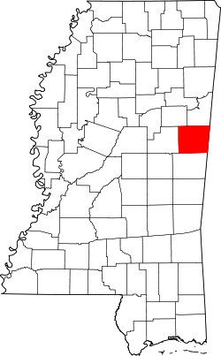 Map of Noxubee County within Mississippi
