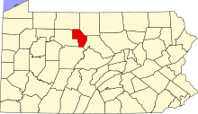 Location of Cameron County in Pennsylvania Map of Pennsylvania highlighting Cameron County.svg