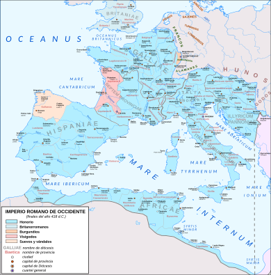 Restoration of the Western Roman Empire in 418 after the war of the Visigoths against the barbarians in Spain. Mapa Imperio Occidental ano 418.svg