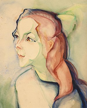 Meisje met rood lang haar en groene strik door Alida Pott (1888-1931).jpg