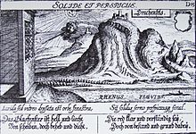 The Drachenfels in 1624 by Matthäus Merian. The slide used to transport the rock from the quarry to the Rhine is shown, as is the (now disappeared) Burg Wolkenburg and an intact Burgfried. The engraving is an advertisement for glass windows