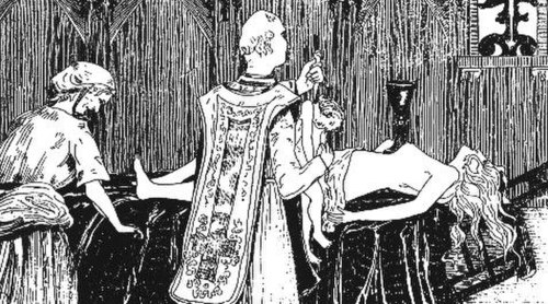 Catherine Monvoisin and the priest Étienne Guibourg are shown performing a black mass for Madame de Montespan (lying on the altar) in an 1895 engravin