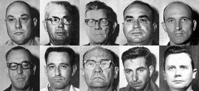 Parties to the conspiracy; Top row: Lawrence A. Rainey, Bernard L. Akin, Other "Otha" N. Burkes, Olen L. Burrage, Edgar Ray Killen. Bottom row: Frank 