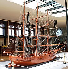 Model of a frigate at the Naval History Museum located in the Palacio de Correos de Mexico. ModelShipNHMDF.JPG
