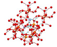 Structure of ferrous ammonium sulfate with hydrogen bonding network highlighted (N is violet, O is red; S is orange, Fe is light red). Mohrite-DwH-bonds.jpg
