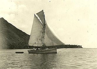 Moonraker, the famous Polperro Gaffer owned by Peter and Anne Pye, in Honolulu in July 1953 Moonraker - Polperro Gaffer.jpg