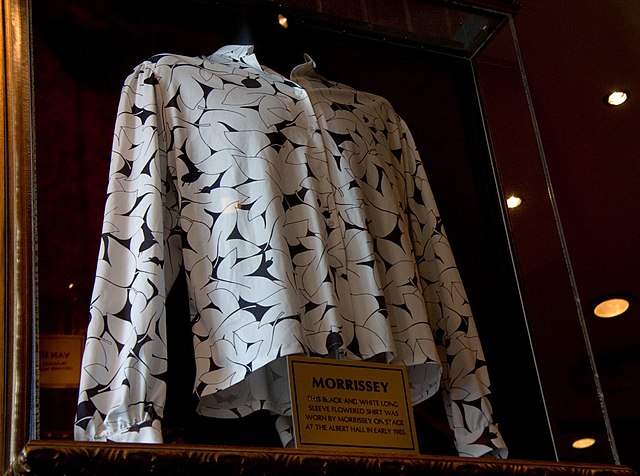 A typical shirt worn on stage by Morrissey in the 1980s, on display at the Barcelona Hard Rock Café
