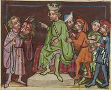 David mit dem Haupt Goliats vor Saul, Weltchronik, Regensburg um 1400 bis 1410, J. Paul Getty Museum, Los Angeles, Ms. 33, fol. 165 (Detail)