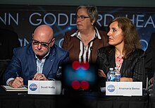Scott Kelly, former NASA astronaut, left, and Anamaria Berea, associate professor of Computational and Data Science at George Mason University, during a public meeting of NASA's UAP independent study team on May 31, 2023. NASA's UAP Independent Study Team Meeting (NHQ202305310011).jpg