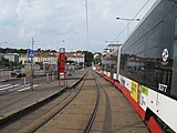 Čeština: Autobusové nádraží Praha Na Knížecí.