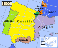 Den politiske situation på den Iberiske halvø rundt år 1400, med Kongeriget Navarra i mørkegrøn farve
