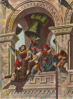 O povo amotinado precipita o cadáver do bispo D. Martinho da torre da Sé (Roque Gameiro, in Leonor Telles, por Marcelino Mesquita, 1904).png