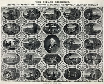 A nineteenth-century print based on Poor Richard's Almanack, showing the author surrounded by twenty-four illustrations of many of his best-known sayings Oliver Pelton - Benjamin Franklin - Poor Richard's Almanac Illustrated.jpg